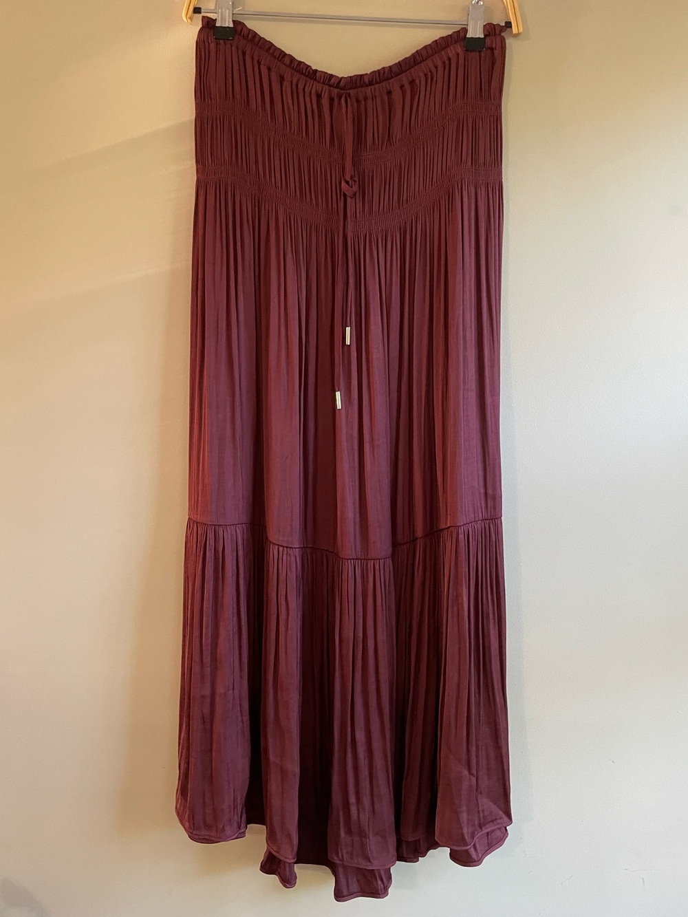 Maison d’ Amelie Boho Smocked Waist Tiered Maxi Skirt in Deep Burgundy